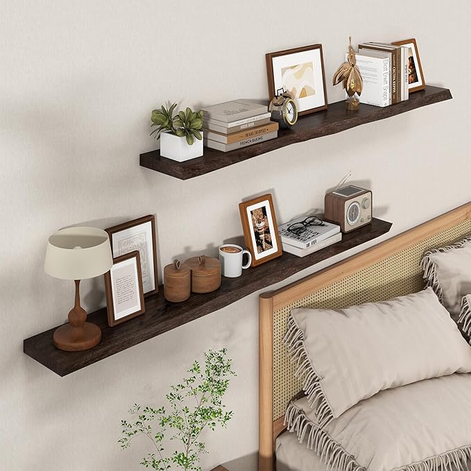 Axeman 55 inch Floating Shelves for Wall - 8'' D Live Edge Rustic Solid Elm Wood Floating Shelves Wall Mounted, Hanging Shelves with Invisible Bracket for Living Room Bedroom Kitchen, Walnut