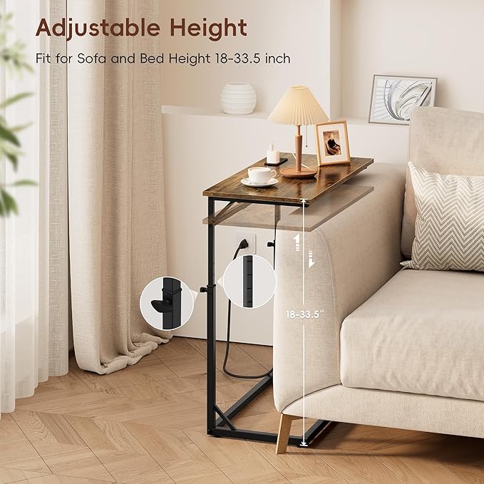 Vagusicc C Shaped End Table with Charging Station, Large C-Table End Table Adjustable Height Side Table for Couch, Couch Table Slide Under Sofa Table TV Tray Table for Sofa, Living Room, Bedroom,Brown