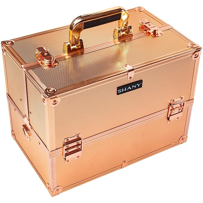 SHANY Essential Pro Makeup Train Case Cosmetic Box Portable Makeup Case Cosmetics Beauty Organizer Jewelry storage with Locks, Multi Compartments Makeup Box and Shoulder Strap - Rose Gold