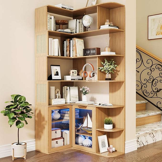 Corner Shelf with Storage Cabinet,7-Tier Corner Bookshelf,Farmhouse L Shaped Shelves Etagere Bookcase, Large L Shaped Bookshelf with Vine Woven Open Storage Cabinet for Home Office