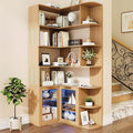 Corner Shelf with Storage Cabinet,7-Tier Corner Bookshelf,Farmhouse L Shaped Shelves Etagere Bookcase, Large L Shaped Bookshelf with Vine Woven Open Storage Cabinet for Home Office