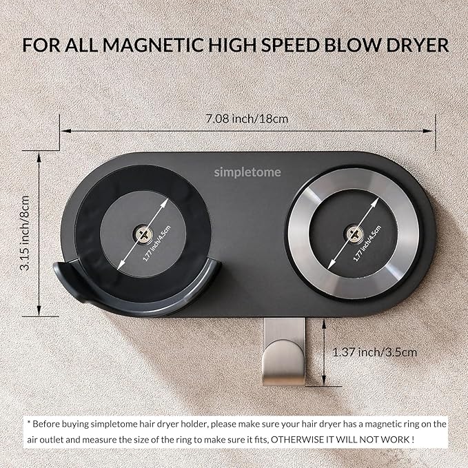 simpletome Hair Dryer Holder Wall Mount for All Magnetic High Speed Blow Dryer with Plug Cord Organizer Hook (ABS Plastic, White)