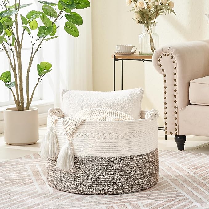 KAKAMAY Large Blanket Basket (20"x13"),Woven Baskets for storage Baby Laundry Hamper, Cotton Rope Blanket Basket for Living Room, Laundry, Nursery, Pillows, Baby Toy chest (White/Beige)