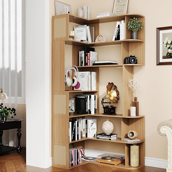 Corner Shelf,7-Tier Corner Bookshelf,Farmhouse L Shaped Shelves Etagere Bookcase, Large L Shaped Bookshelf with Vine Woven Open Storage Cabinet for Home Office (Large,Log Color)