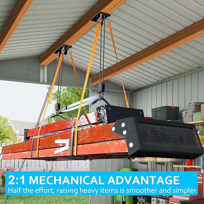 Ceiling Ladder Hoist, Heavy Duty Pulley System for Garage Storage, Ladder Hanger Hold Up to 150 lbs Capacity for Kayak, Cargo Box, Canoe, Bike Lift, Fit 10-18 Foot Ceilings, Black