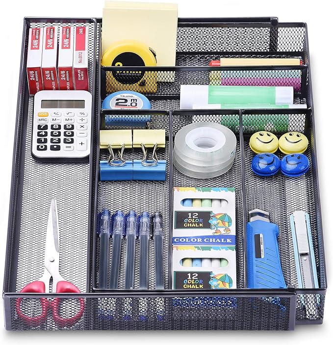 WuGeShop Expandable Office Desk Organizer, 7 compartments Mesh Desk Drawer Organizer Desk Organizer tray, Metal Office Supplies Accessories Storage, Black