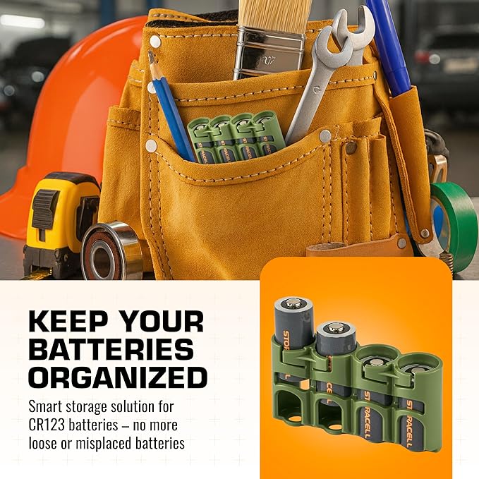 Storacell Slimline CR123 Battery Storage Caddy, Military Green, Holds 4 Batteries (Not Included)