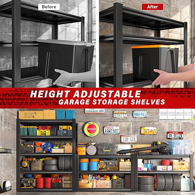 REIBII 40" W Garage Shelving, Heavy Duty Storage Shelves Load 2500LBS, 5-Tier Adjustable Metal Shelving, Garage Shelves for Warehouse, Pantry, Basement, 72" H x 40" W x 18" D