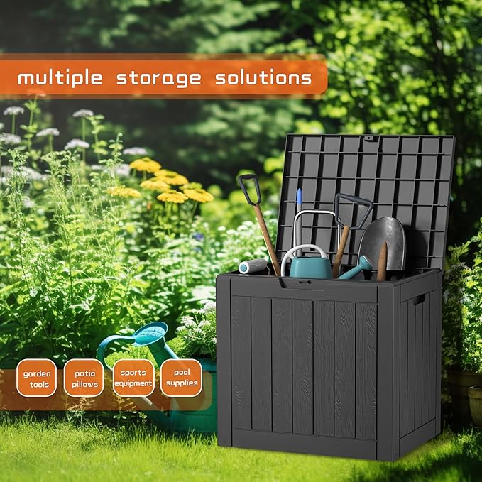 30 Gallon Outdoor Deck Box,Storage Lockable Waterproof Patio Furniture,Garden Tools,Cushions,Pool Accessories Outside Storage Resin Box(Black)