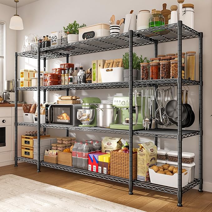 REIBII 78.4''W Storage Shelves, 4 Tier Wire Shelving Unit Loads 1500LBS with Adjustable 2PCS Heavy Duty Metal Shelving for Pantry, Kitchen,Garage Shelves.78.4''Wx11.8''Dx59''H,Black