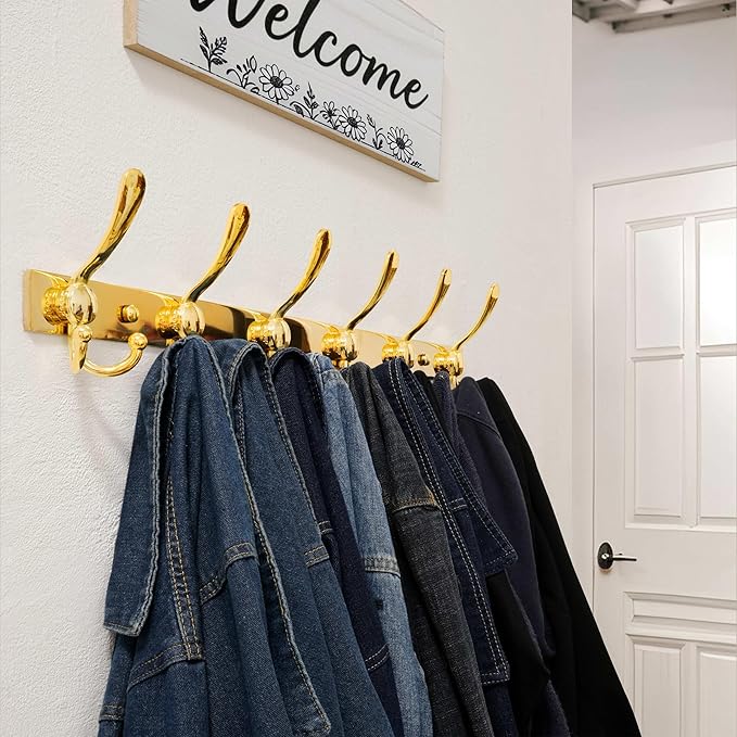 Dseap Coat Rack Wall Mount 2.0 Pro: 24” Long, 3X Tougher, Heavy Duty Stainless Steel Wall Coat Hanger with 6 Tri Hooks for Clothes Jackets Hats Entryway Closet, Gold, Pack of 2
