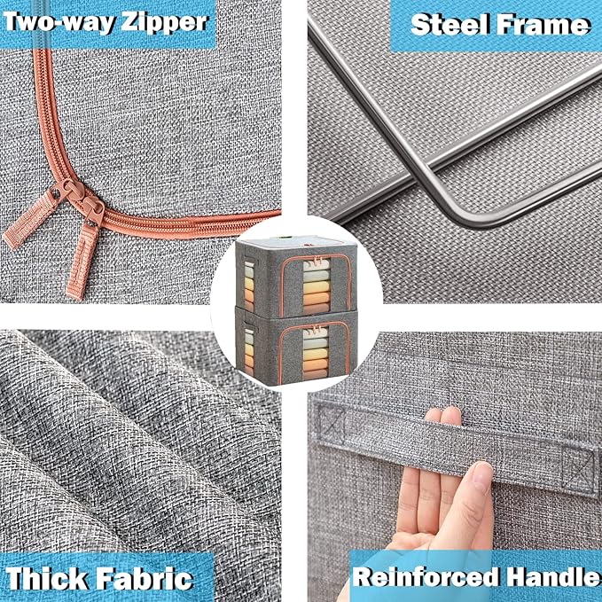 100L Large Storage Bags,Stackable Clothes Storage Bins with Hold Shape Metal Frame,Foldable Closet Organizer Containers with Zipper,Clear Window,Thick Fabric for Seasonal Clothing (Navy 4 Pack)