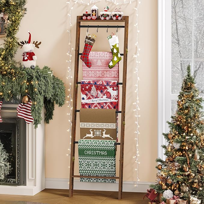 Blanket Ladder Shelf, Decorative Quilt Rack, 7-Tier Farmhouse Ladder Holder Organizer with 4 Removable Hooks, Rustic Brown BR36801B