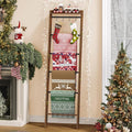 Blanket Ladder Shelf, Decorative Quilt Rack, 7-Tier Farmhouse Ladder Holder Organizer with 4 Removable Hooks, Rustic Brown BR36801B