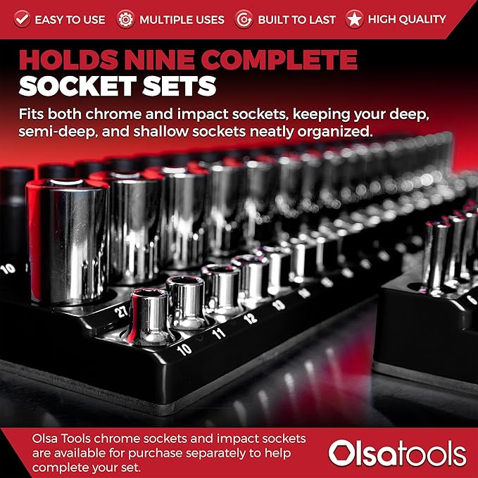 Olsa Tools Magnetic Socket Organizer | 3pc Socket Holder Kit | 1/2-Inch, 3/8-Inch, 1/4-Inch Drive | Socket Organizers For Toolboxes | Black | Holds 141 | Professional-Grade Tool Organizer | Part 1563