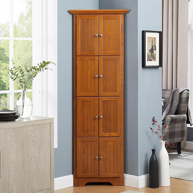72" H Farmhouse Corner Storage Cabinet with 8 Doors & 4 Shelves, 4 Tier Kitchen Corner Pantry Cabinet Wooden Organizer Case Bookshelf, Home Space Saver Cabinet for Kitchen,Living Room (Oak)