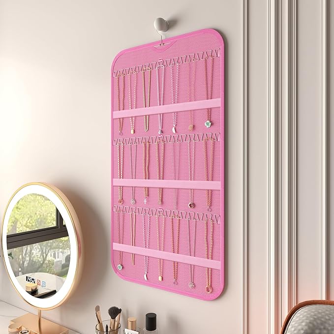 Hanging Jewelry Organizer Storage, 40 Pockets 36 Hooks Necklace Earring Necklace Bracelet Ring Organizer, Double - Sided Design, Pink