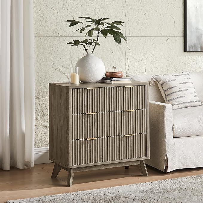 T4TREAM Fluted 3 Drawers Nightstand Set of 2, Oversized Extra Large Modern Side Table, End Table Bedside for Bedroom, Living Room, Curved Profile Design, Grey Alder