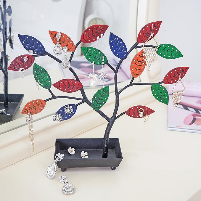 MyGift Jewelry Tree w/Bird Nest 48 pair Earrings Holder, Bracelets/Necklace Organizer Stand (Multicolored Metal)