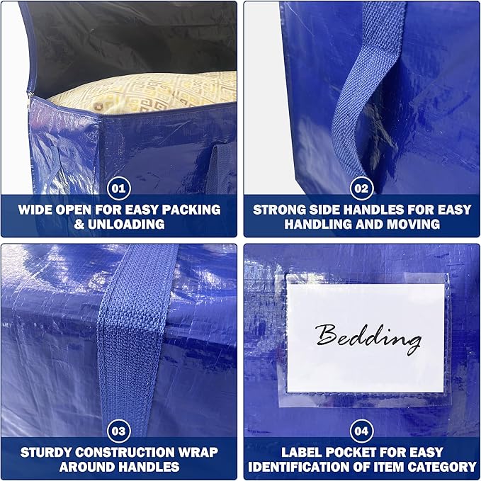 4 Pack Extra Heavy Duty Large Moving Bags with Strong Zipper & Carrying Handles, Sturdy Clothes Storage Bags Totes Bins, Packing Moving Boxes College Supplies, Dark Blue - 24 gal