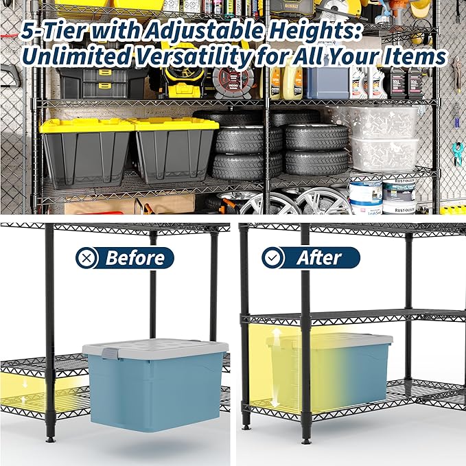 5 Tier Storage Shelving Unit Metal Shelves 70" W Wire Shelving, 70" H L-Shaped Pantry Shelves Kitchen Storage Shelves for Home Commercial Garage Heavy Duty, 70.8" H x 70.4" W x 15.7" D