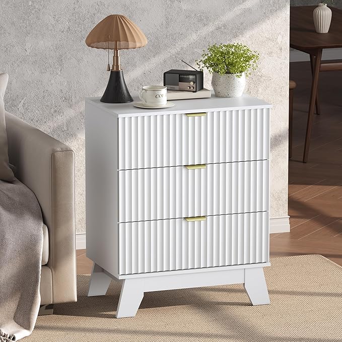 White Night Stand with 3 Drawers, Bedside Table & End Table, 24" Wide Mid Century Modern Fluted Wood Nightstand with Metal Handles, Farmhouse Night Stands for Bedroom