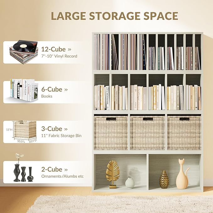 IOTXY DIY Modular Cube Bookcase - CubeXY Customizable Stackable Expandable Combination Set, 23-Cube Open Bookshelf for Books, Fabric Storage Bin, and Vinyl Record Organizer, Oak