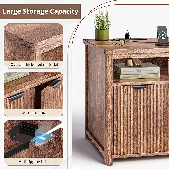 Fluted Nightstand with Charging Stations, 23.6" Wide Walnut Nightstand with Storage Drawers, Side Tables, Modern Farmhouse End Tables for Bedroom, Walnut Brown