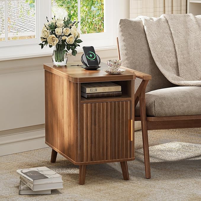 Huuger Narrow Nightstand with Charging Station, USB-C Port, Set of 2 Night Stand, Fluted End Table with Storage Cabinet, Back Rack, Side Table for Small Spaces, 13.4×23.6 Inch, Walnut