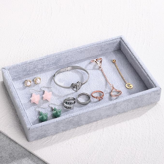 Mornajina 9" x 5.7" Velvet Jewelry Tray Jewelry Display Tray, Stackable Empty Plate Trays for Earrings Necklaces Bracelet Rings Display Showcase - Grey