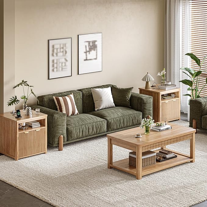 Fluted Nightstand with Charging Stations, 23.6" Wide Natural Oak Nightstand with Storage Drawers, Side Tables, Modern Farmhouse End Tables for Bedroom, Natural Oak