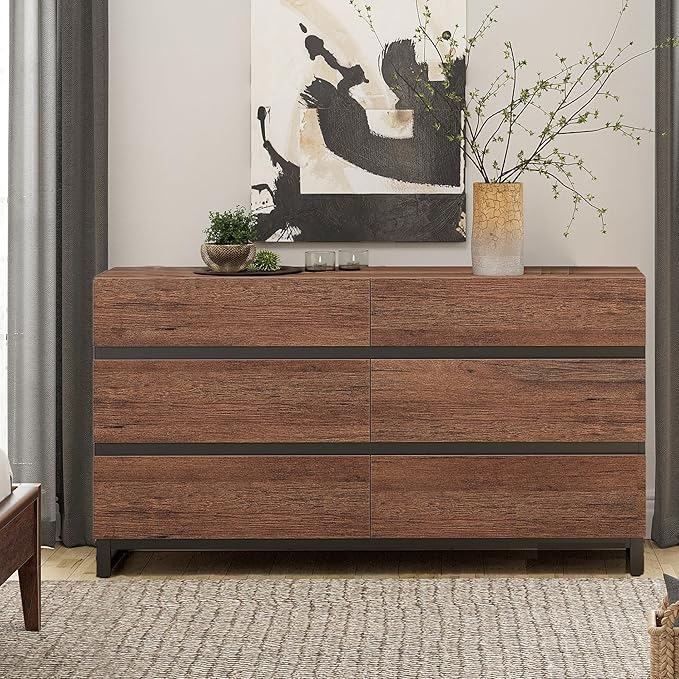WAMPAT Dresser for Bedroom, Modern Wood Dresser with 6 Drawers, Chest of Drawers with Metal Base, Closet Organizers Storage for Living Room, Bedroom, Brown