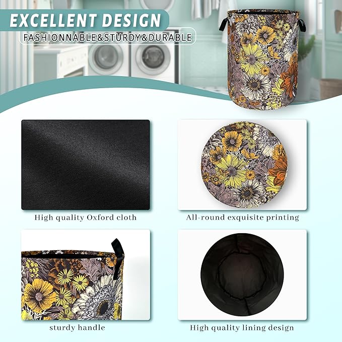 Retro Sunflower Flower Laundry Hamper With Handles Foldable Oxford Cloth Daisy Floral Tote Bag Colorful Laundry Basket Clothes Toy Storage Bucket 8.9"x16.5"For Bathroom/Laundry/Bedroom