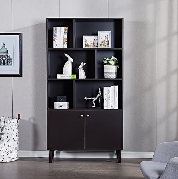 67 in Bookcase with Doors, 3-Tier Bookshelf Farmhouse Bookcases Wooden Deep Bookshelves Storage Cabinet Organizer for Living Room, Study, Kitchen, Home Office,Coffee