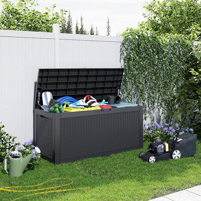 120 Gallon Outdoor Deck Box,Storage Lockable Waterproof Patio Furniture,Garden Tools,Cushions,Pool Accessories Outside Storage Resin Box(Black)