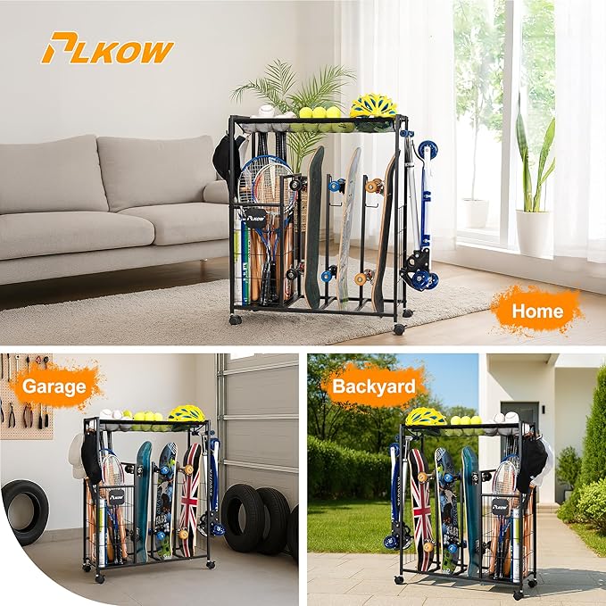 PLKOW Skateboard Storage Rack with Wheels, Sports Organizer for Skateboards, Scooters, Balls, Helmets and Sports Gear, Heavy Duty Sports Storage Rack for Garage, Home or School Use