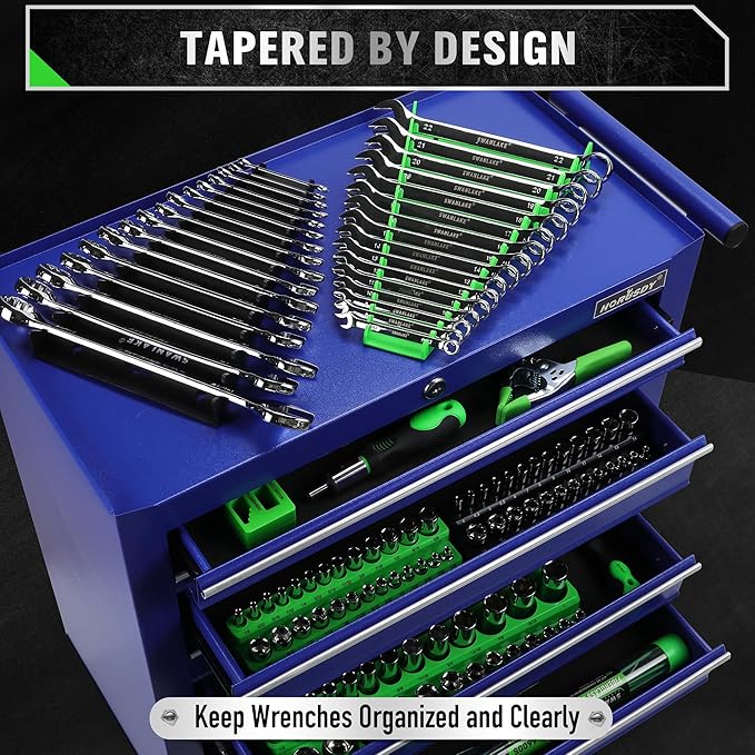 Magnetic Wrench Organizer 4-piece, Wrench Rack Tool Trays SAE (1/4" to 1-1/16"), Metric (6mm to 24mm), 64-Slot Drawer Storage Tools, Wrench Set Holder