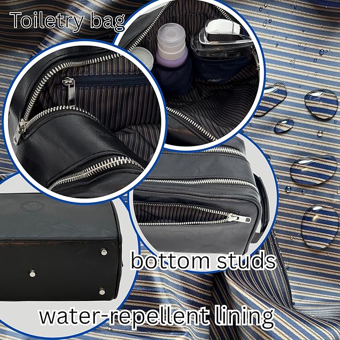Dopp Gift Large Travel Toiletry Bag Premium Quality PU Leather Two compartments YKK Zippers Water-resistant Bottom Studs Mesh Pockets Durable Cosmetic Organizer BLACK