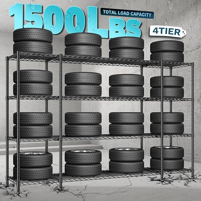 REIBII 78.4''W Garage Shelving Wire Shelving Unit Load 1500LBS,4 Tier Metal Shelving with Adjustable Metal Shelf Storage Shelves for Pantry Shelves Commercial Shelf Kitchen Garage 11.8''Dx59''H
