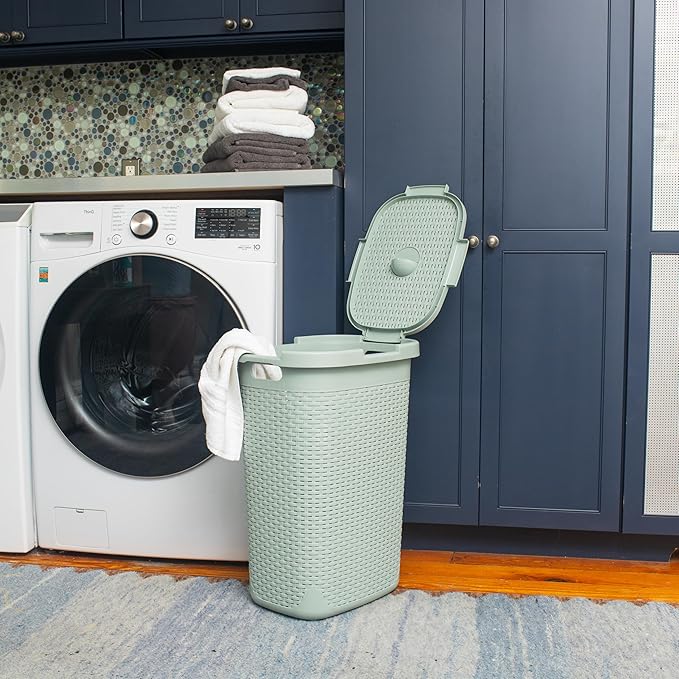 Mind Reader Slim Laundry Hamper with Lid, 60L Clothes Basket, Premium Wicker Design, Plastic, Mint