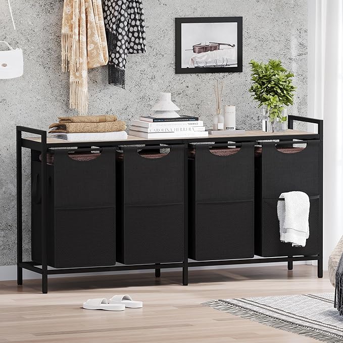Heybly Laundry Hampers, 4 x 12.5 Gal Laundry Basket with Large Desktop Sorter for Laundry Room organization, Bathroom and Dorm Laundry Bags on Storage Shelf, Greige HLH004SG