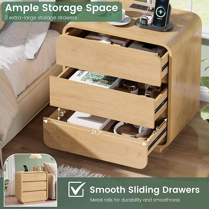 Modern Nightstand Set of 2, 23.2" Large Wood Night Stand with Charging Station & Curved Profile, 3 Storage Drawers Dresser Bedside Table, Mid-Century End Table for Bedroom Sofa, Natural