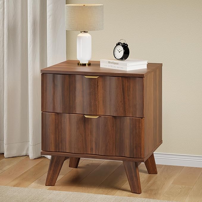 Nightstand, Bedside Table with 2 Drawers and Metal Handles, Sofa Side End Table with Storage for Bedroom, Living Room, Entryway (Walnut)
