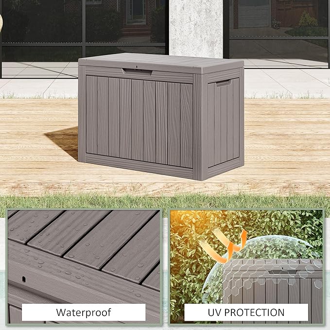 NUNU LAB Outdoor Storage Box, 45 Gallon Outside Deck Box Waterproof, Resin Outdoor Storage Cabinet With Lockable Lid, Backyard Storage Bench For Garden Tools, Patio Cushions, Pool Tools, Gray