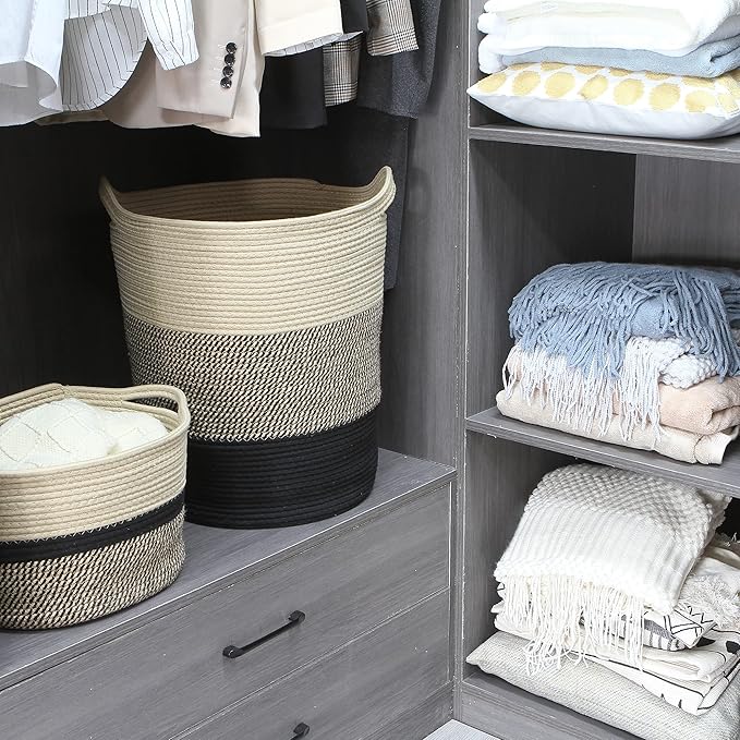 Sea Team Large Size Cotton Rope Woven Storage Basket with Handles, Laundry Hamper, Fabric Bucket, Drum, Clothes Toys Organizer for Kid's Room, 20 x 14 inches, Round Open Design, Flaxen & Black