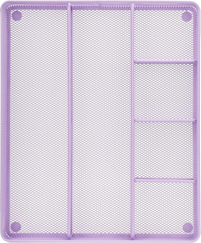 Annova Desk Top Organizer/Storage Tray - Metal Mesh with Dividers for Pens, Desktop Accessories, Bathroom, Kitchen, Makeup and Office Supplies (Large, Light Purple)