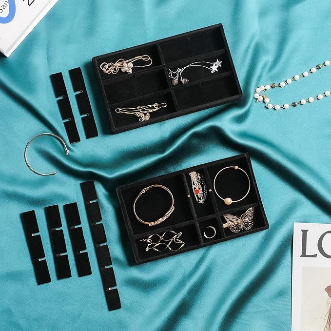 Frebeauty Jewelry Organizer Tray,Stackable Velvet Jewelry Trays,Drawer Inserts Earring Organizer For Women Jewelry Storage Display Case for Rings Stud Necklaces,Set of 9(Black)