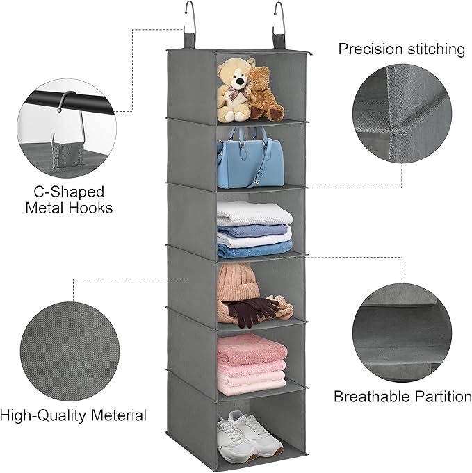Libeder 6-Shelf Hanging Organizer with Drawers, Closet Hanging Organizers and Storage Shelves with 6 Side Pockets,Hanging Shelves for Clothes, Underwear, Nursery, Closet, RV(Grey)