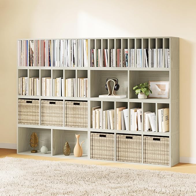 IOTXY DIY Modular Cube Bookcase - CubeXY Customizable Stackable Expandable Combination Set, 23-Cube Open Bookshelf for Books, Fabric Storage Bin, and Vinyl Record Organizer, Oak