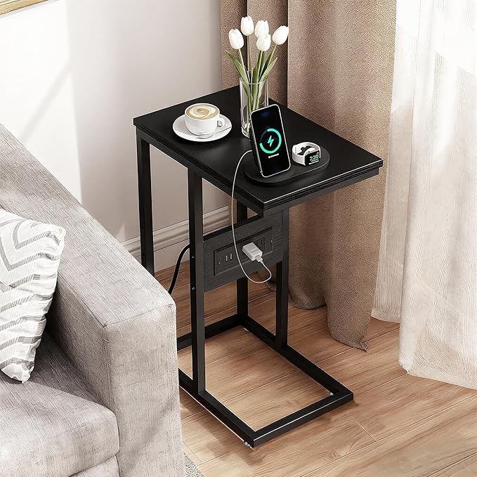 VECELO C Shaped End Side Table with Charging Station & Power Outlets for Couch Sofa/Bed, Snack TV Tray with Metal Frame for Living Room Bedroom 2 PCS, Black